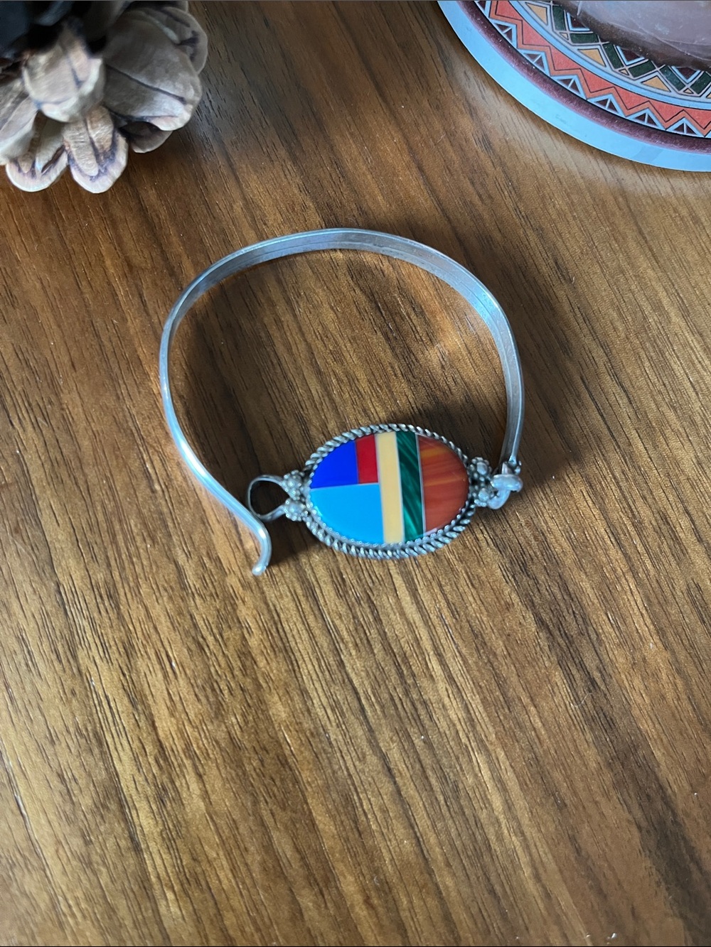 Stamped Navajo Multi-stone Inlay Oval Sterling Silver Bracelet - Picture 6 of 7